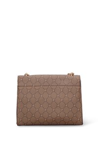 Borsa marrone con motivo, texture liscia, forma rettangolare e tracolla a catena dorata. Presenta una chiusura con cerniera e dettagli con logo.