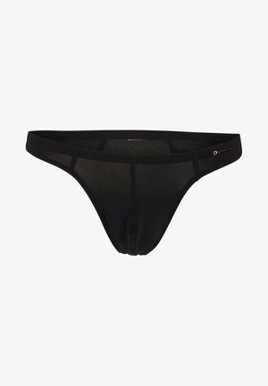 Czarny stringi wykonane z lekkiego materiału, z gładką teksturą i minimalistycznym designem, z metką z logo na pasku.