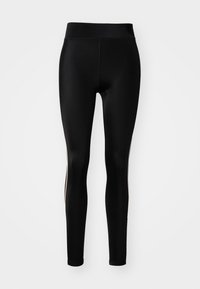 Leggings neri con vita alta e un tessuto liscio e elastico con accenti laterali a contrasto. Progettati per comfort e flessibilità.
