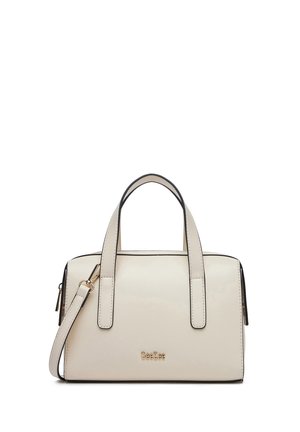 Strukturierte Handtasche in Cremefarbe mit zwei oberen Griffen, abnehmbarem Schulterriemen und "DeeZee"-Logo auf der Vorderseite.