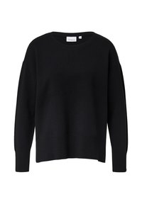 Czarny, oversize sweter z okrągłym dekoltem i ribbowanym wykończeniem. Wykonany z miękkiego materiału, z opuszczonymi ramionami i długimi rękawami.