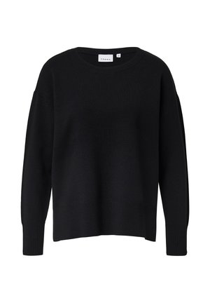 Maglione nero oversize con scollo rotondo e bordo a coste. Realizzato in un materiale morbido, presenta spalle scese e maniche lunghe.