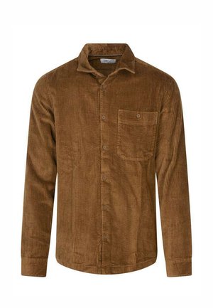 Chemise à manches longues en velours côtelé marron avec fermeture boutonnée sur le devant et une poche poitrine avec un seul bouton.