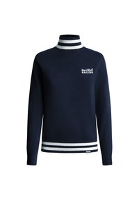Maglione blu navy con colletto alto, strisce bianche e scure sul colletto e sui polsini, presenta il logo "Red Bull RACING" in bianco sul petto.