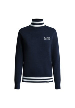 Maglione blu navy con colletto alto, strisce bianche e scure sul colletto e sui polsini, presenta il logo "Red Bull RACING" in bianco sul petto.
