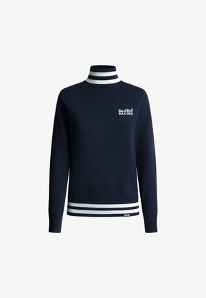 Marineblauwe trui met hoge kraag, witte en donkere strepen op de kraag en manchetten, voorzien van het "Red Bull RACING" logo in het wit op de borst.