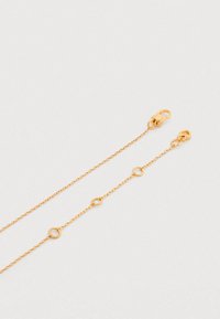 Zlatý náhrdelník s reťazovým dizajnom zdobeným jemnými okrúhlymi prvkami, zakončený bezpečným zapínaním.