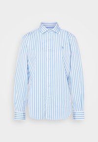 Ljusblå och vit randig skjorta med knappar, långa ärmar, krage och en liten emblem på vänster bröst. Tillverkad av bomull.