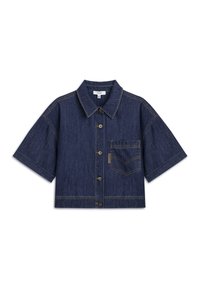 Veste en denim à manches courtes de couleur bleu foncé, avec une fermeture à boutons, un col et une poche avant avec des détails de couture contrastants.
