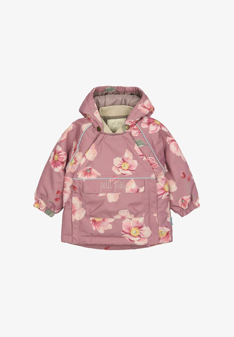 Ružičasta cvjetna jakna s kapuljačom, dugim rukavima s elastičnim manžetama, prednjim džepom i dekorativnim šavovima s vidljivim imenom brenda.