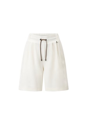 Shorts de sport blancs avec une taille élastique, un cordon de serrage marron et une texture lisse. Présente des poches latérales et une coupe décontractée.