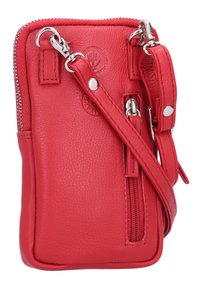 Bolso cruzado de cuero rojo con una superficie texturizada, cierre con cremallera, correa desmontable y detalles de hardware en plateado. Forma compacta y rectangular.