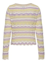 Pull en crochet à manches longues avec des rayures horizontales en dentelle jaune pastel, lavande, crème et beige, avec des bords festonnés.