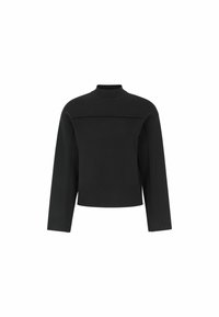 Hanorac scurt, negru, cu mâneci lungi, guler înalt și panou orizontal cusut pe piept. Material neted, texturat.