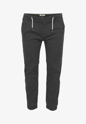 Svarta joggers i bomull med elastisk midja, justerbar dragsko och ribbade muddars. Enkel design utan mönster.