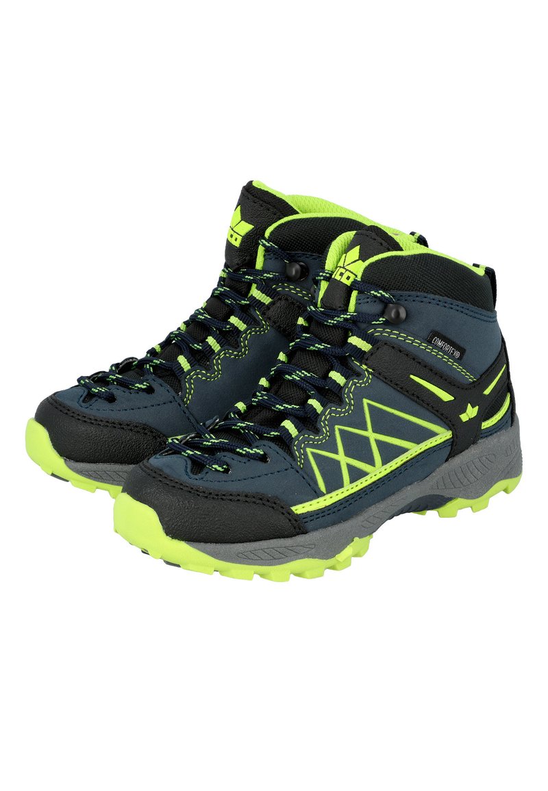 Bottes de randonnée mid-cut noires et vert néon avec tige texturée, motif en zigzag, embout renforcé et semelle extérieure en caoutchouc durable.