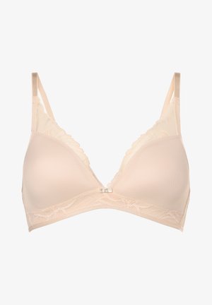 Lace bra in light beige with soft triangular cups, scalloped edges, and light padding. A small decorative bow accents the center.