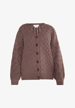 Knit cardigan in brown with a V-neck, cable knit pattern, and open stitch detailing. Features five dark buttons and ribbed cuffs and hem.