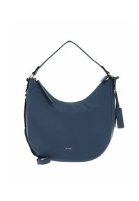 Sac à épaule en cuir bleu au design courbé, avec une bandoulière ajustable et des accents en doré. Il présente une texture lisse et une fermeture éclair.