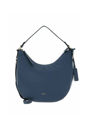 Sac à épaule en cuir bleu au design courbé, avec une bandoulière ajustable et des accents en doré. Il présente une texture lisse et une fermeture éclair.