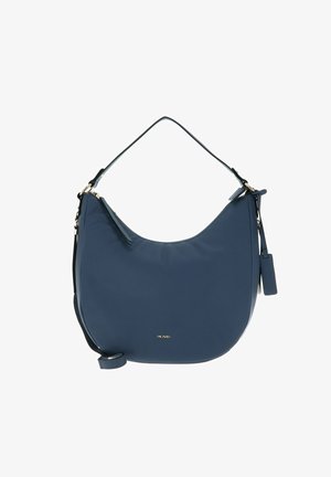 Sac à épaule en cuir bleu au design courbé, avec une bandoulière ajustable et des accents en doré. Il présente une texture lisse et une fermeture éclair.