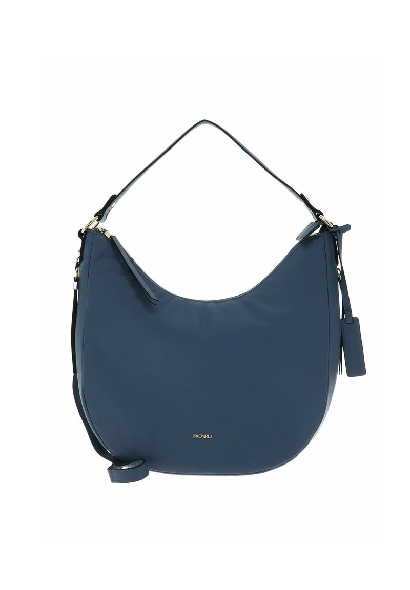 Sac à épaule en cuir bleu au design courbé, avec une bandoulière ajustable et des accents en doré. Il présente une texture lisse et une fermeture éclair.