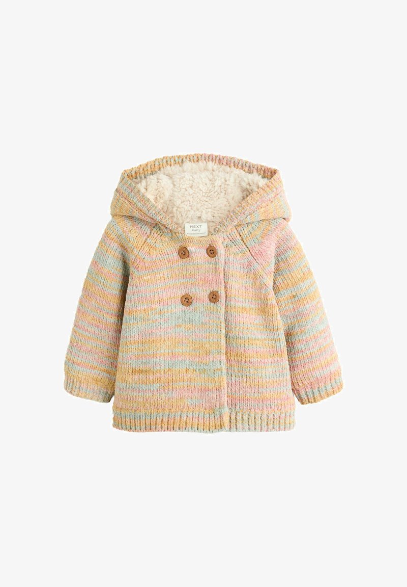 Gestrickte Baby-Haubejacke in Pastellfarben mit einem weichen, fleecegefütterten Innenraum. Verfügt über Holzknöpfe und ein strukturiertes, gestreiftes Muster.