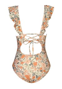 Bloemenbadpak met ruches aan de schouderbanden, een open rug en een kruisvormige strikdetail in pastel oranje, groen en crèmekleuren.