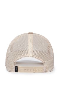 Beige Netz-Trucker-Kappe mit einem einfarbigen beigen Rücken, verstellbarem Kunststoffverschluss und Akzentnähten entlang der Nähte.