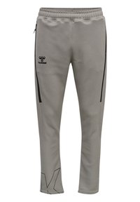 Grå sportbukser med slim fit, prydet med et sort logo og sidelommer med lynlås, lavet af glat, strækbart stof.