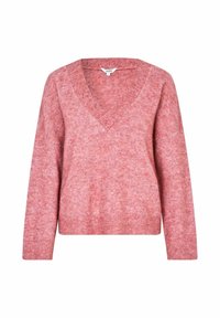V-Ausschnitt Pullover aus einem melierten, rosa Strickstoff. Lange Ärmel mit geripptem Saum. Weiche Textur mit lässiger Passform.