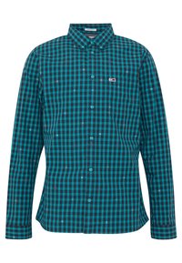 Camicia a quadri con bottoni, caratterizzata da un motivo turchese e nero, maniche lunghe e una tasca sul petto con un piccolo dettaglio logo.