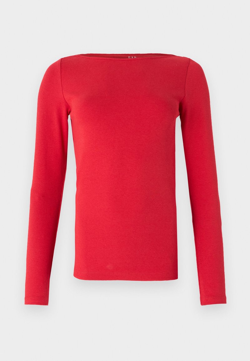 Haut rouge à manches longues avec un décolleté carré, fabriqué à partir d'un tissu lisse. Le design est ajusté, avec des manches droites et une couleur unie.