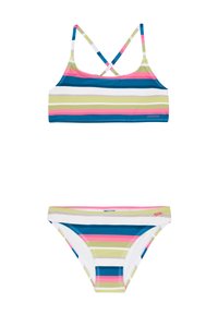 Pruhovaný bikiny set obsahujúci crop top a nízko vybrané spodné diely. Farby sú modrá, zelená, ružová a biela s hladkým povrchom.