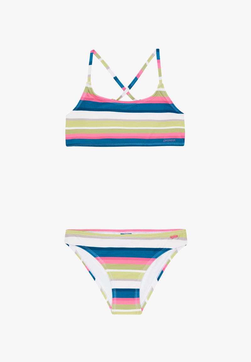 Pruhovaný bikini set, který obsahuje top na crop a nízko prošité kalhotky. Barvy zahrnují modrou, zelenou, růžovou a bílou s hladkým povrchem.