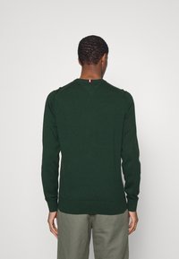 Ciemnozielony sweter dziany z okrągłym dekoltem i ściągaczami na mankietach. Na tylnej części kołnierza widoczny jest mały akcent w kolorach czerwonym, białym i niebieskim.