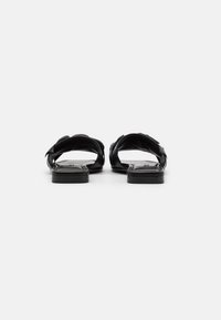 Paire de sandales plates noires avec larges brides rembourrées vues depuis le talon sur fond blanc.