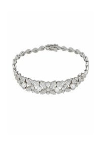 Silver bracelet featuring intricate floral designs with clear gemstones and round white pearls; textured links create visual interest.