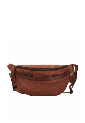 Braune Leder-Gürteltasche mit einem Reißverschluss, geschwungener Form, verstellbarem Gurt, Vordertasche und Anker-förmigem Hardware-Detail.