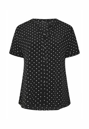 Black short-sleeve button-up shirt featuring white polka dots, rounded hem, and a notch collar, crafted from soft fabric for comfort.