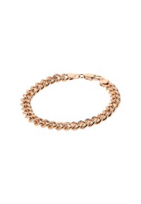 Bracciale in oro rosa con link a catena intrecciati. Presenta una finitura liscia e lucida e un gancio sicuro. Adatto per un abbigliamento casual o formale.