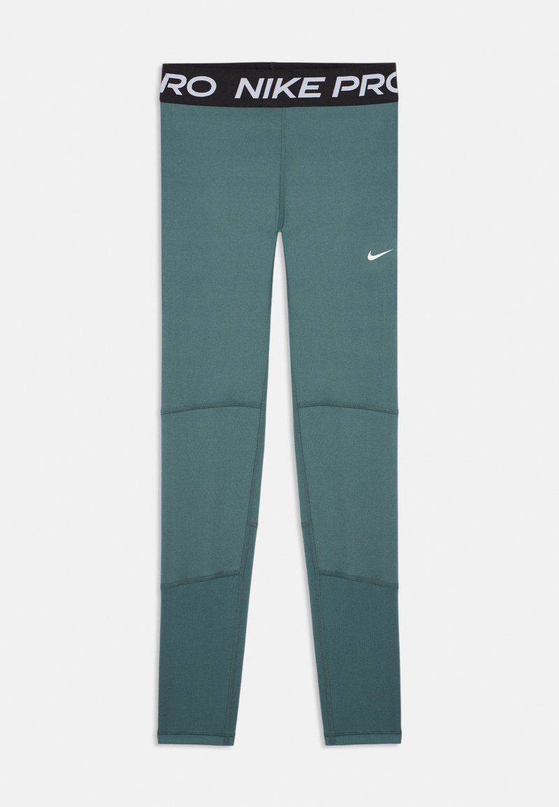Grüne Nike Pro Leggings mit hohem Bund, schwarzem Bund mit weißem "NIKE PRO" Schriftzug und kleinem weißem Nike-Swoosh am Oberschenkel.