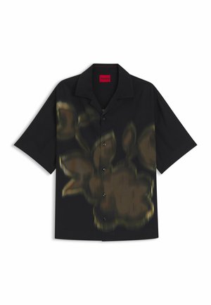 Short-sleeve black shirt featuring a floral design in dark hues, with a button front and a collar. Made from lightweight fabric.