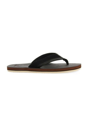 Tongs noires avec une sangle texturée, une semelle intérieure douce et une semelle extérieure brun contrastant. Design minimaliste avec une forme simple et des lignes épurées.