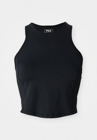 Čierny bezrukávový crop top vyrobený z hladkého materiálu. Obsahuje okrúhly výstrih a postranné švy pre priliehavý strih. Značková nálepka na výstrihu.