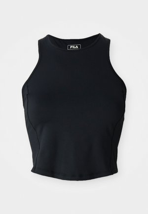 Svart ermeløs crop topp laget av glatt stoff. Har rund halslinning og sidesømmer for en tett passform. Merket logo ved halsen.