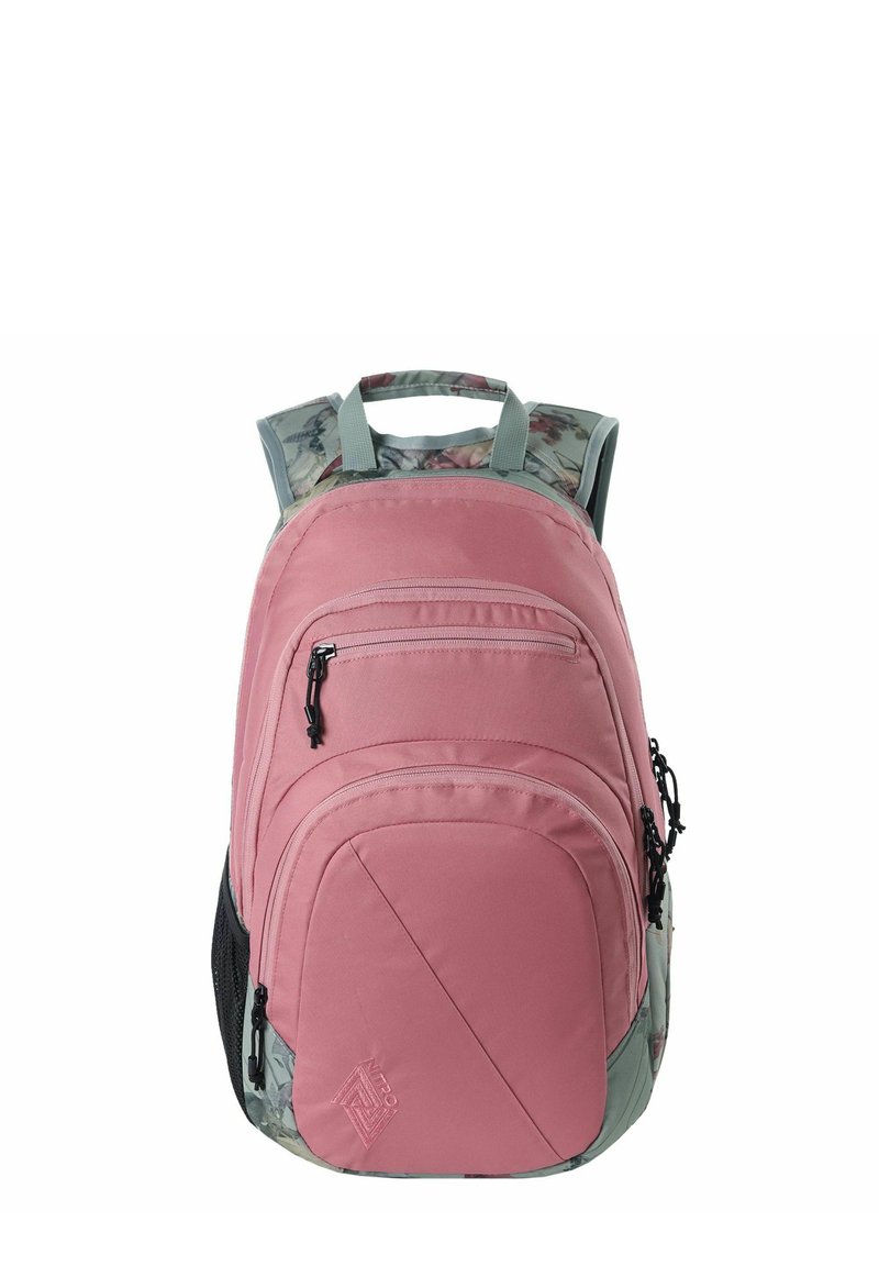 Zaino rosa con tre tasche con cerniera, spallacci grigi e schienale con motivo floreale. Presenta un tessuto testurizzato, supporto imbottito e tasca laterale in rete.