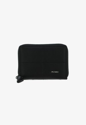 Portefeuille en cuir noir avec un design matelassé, forme rectangulaire fine, fermeture éclair et logo en métal argenté. Texture lisse avec des accents minimalistes.