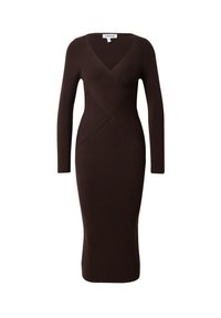 Bruine geribbelde lange jurk met een diepe V-hals en een bodycon silhoutte, met een overlappend ontwerp en een lengte tot halverwege de kuit.