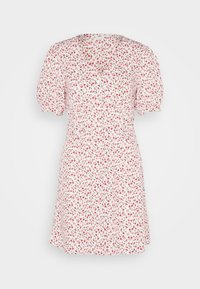 Vit kortärmad klänning med rosa blommönster, puffärmar och figursydd midja, visad bakifrån mot en enkel bakgrund.